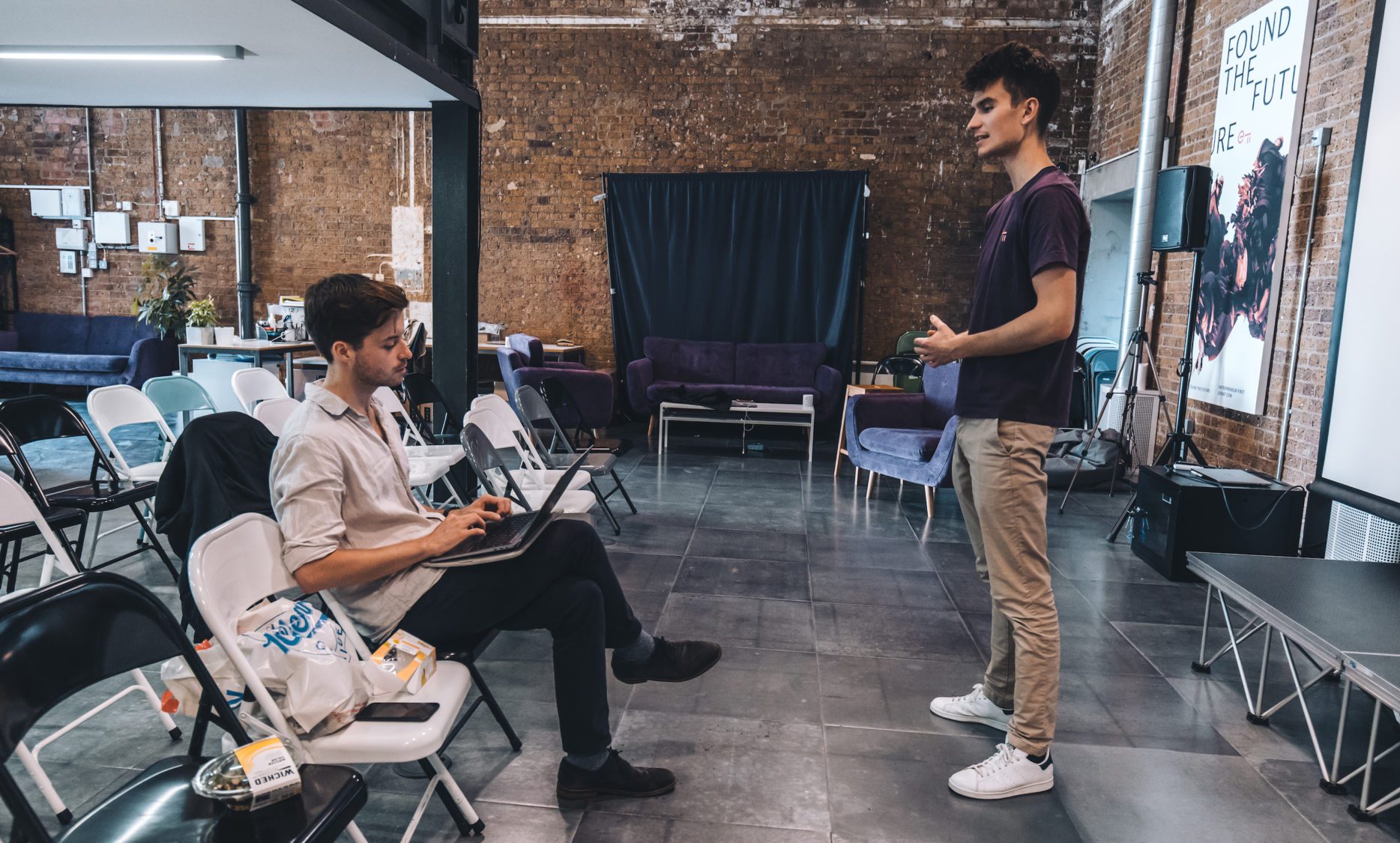 Jack and Emil practicing their pitch at the EF office