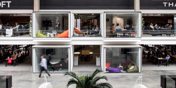 Two levels of office cubicles